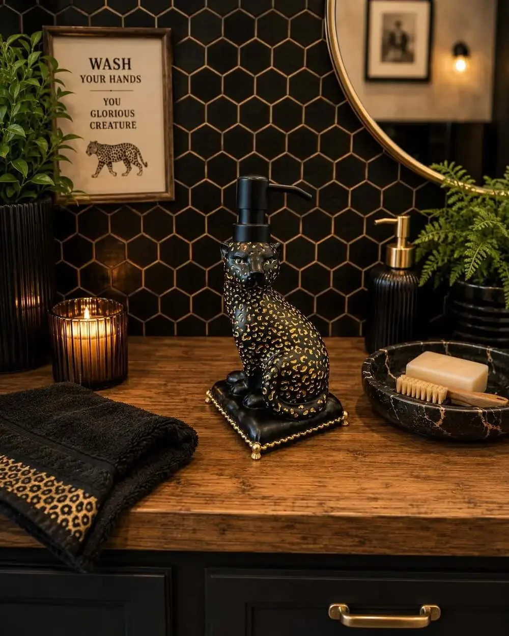 New Resin Black & Gold Leopard Cheetah Soap Dispenser Kitchen / Bathroom